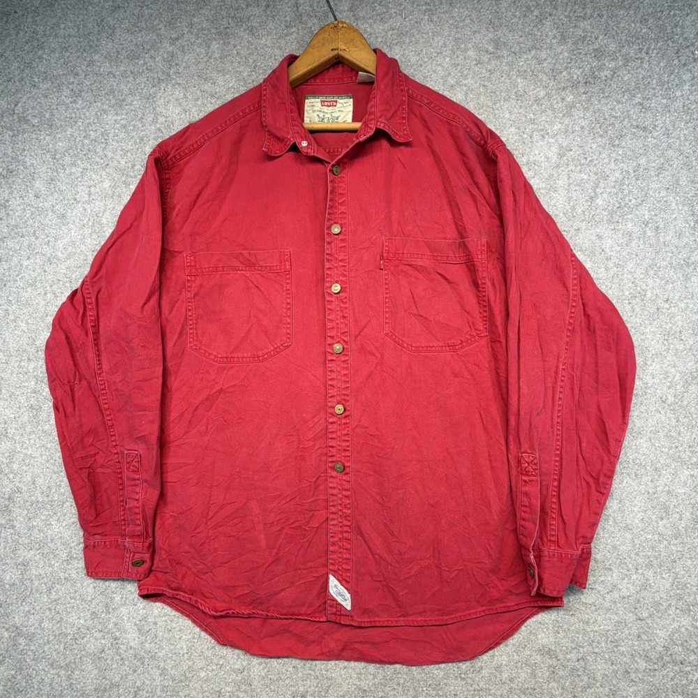 Vintage Levi's Red Tab Shirt Red Denim Metal Buttons Size Large 90s